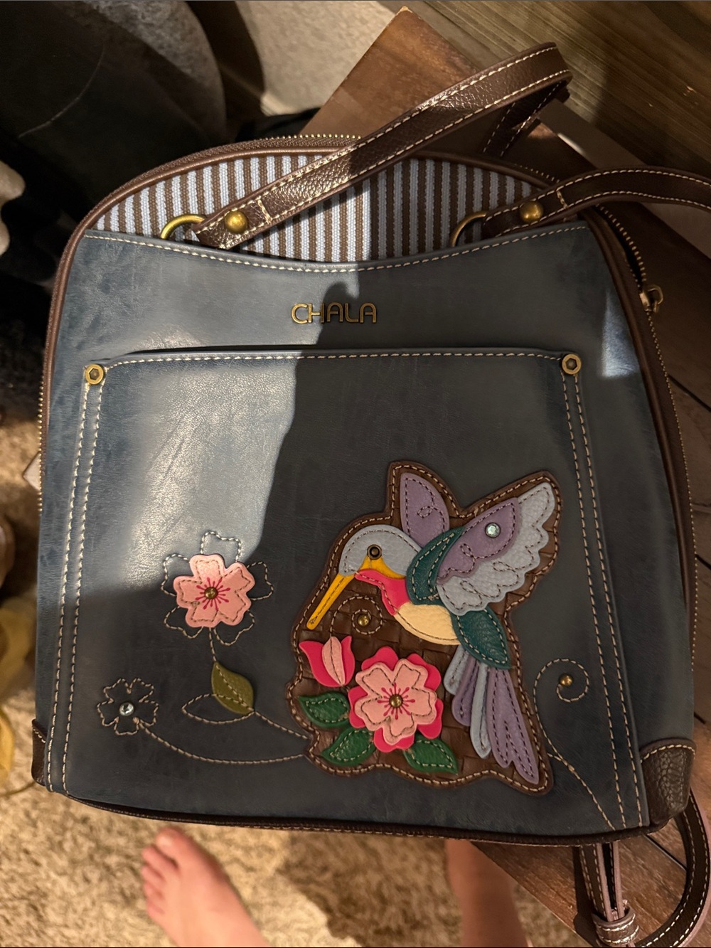 Chala Navy Hummingbird Appliqué Backpack with Brown Trim